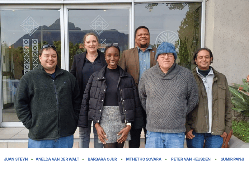 The RSSE Africa inaugural Leadership Team standing together outside: Juan Steyn, Anelda van der Walt, Barbara Ojur, Mthetho Sovara, Peter van Heusden, and Sumir Panji.